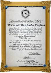 This is the Charter of the Rotary Club of Westminster West which was Granted on 2nd March 1945.